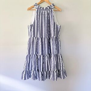 Eliza J Tiered Striped Dress Sleeveless High Neck Ruffle Blue White Lined 16